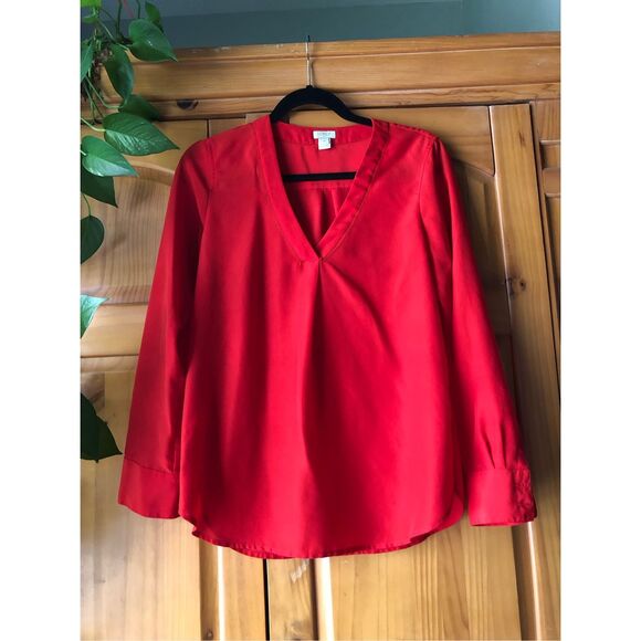 J. Crew Eyelet V-Neck Long Sleeve Blouse Career Red SZ XS - Picture 1 of 10